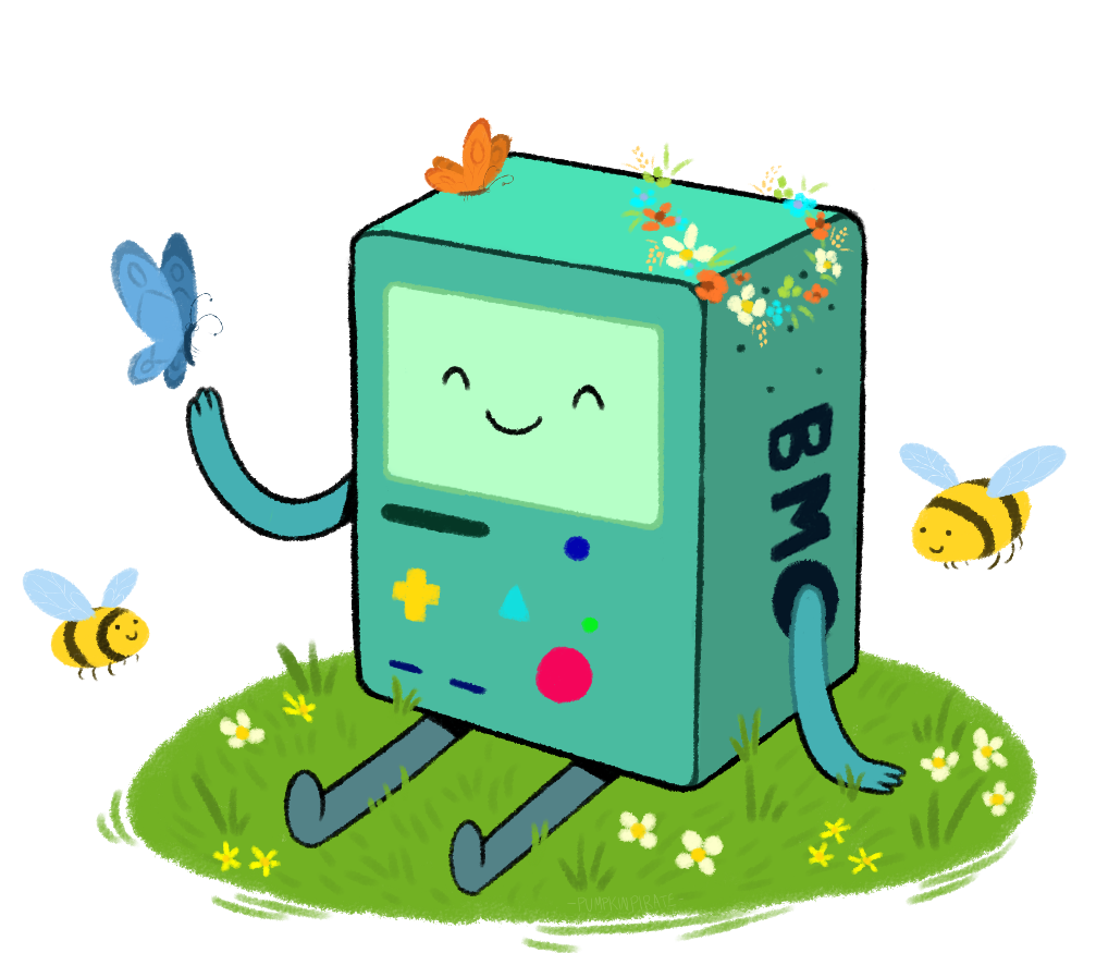 A cheerful BMO-like artificial intelligence character sitting in a flowered meadow